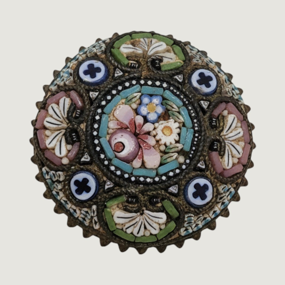 Vintage Italy Micro Mosaic Floral Millefiori Round Brooch Pin Brass MLO‎ Signed